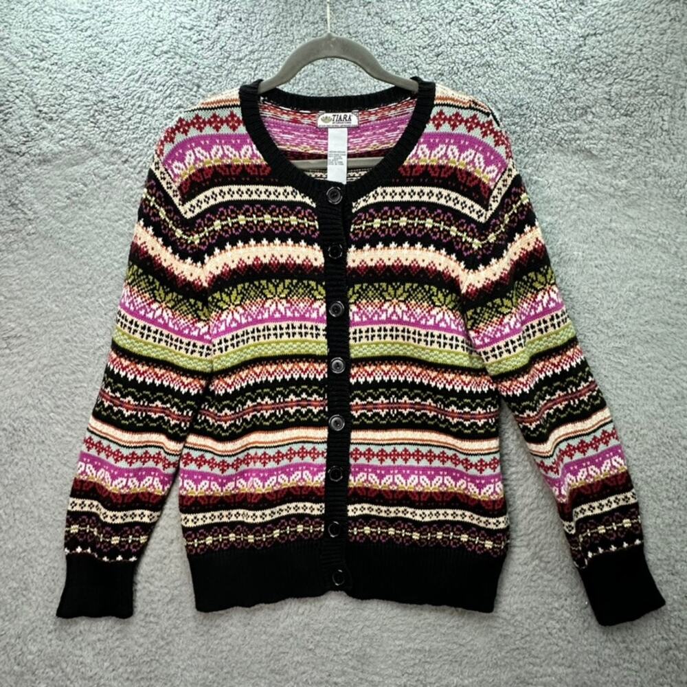 VTG Tiara International Women's Medium Fair Isle Knit Button Up Cardigan EUC